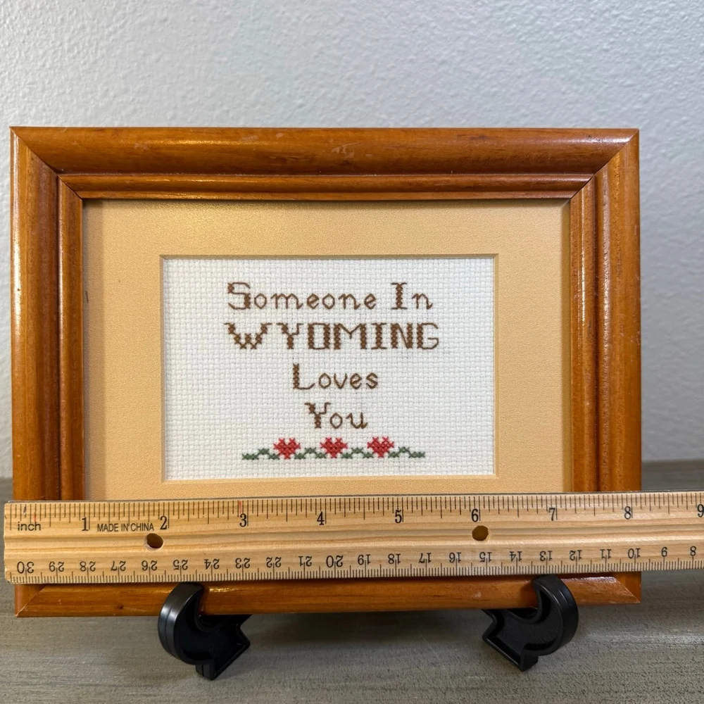 Framed Handmade counted x stitch “someone in WY Loves You” grandmacore
